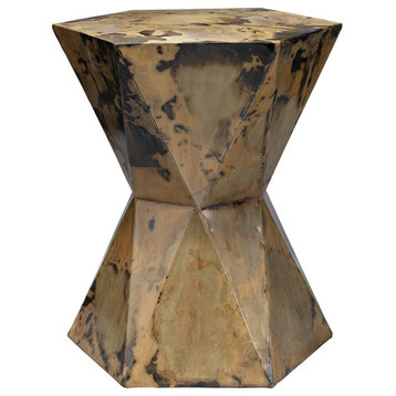 Modern Faceted Hexagon Acid Washed Bronze Accent Table Hourglass Shape 17"