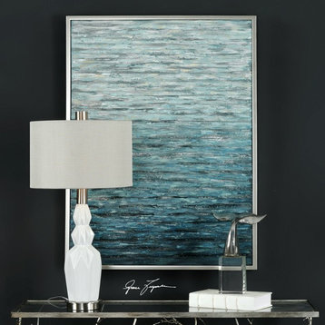Large Blue White Coastal Waves Water Painting, Wall Art Turquoise Aqua Silver