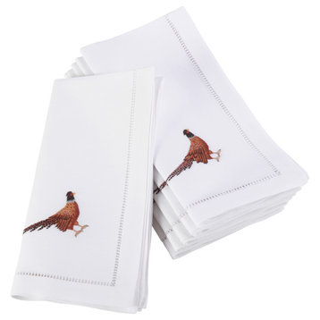 Embroidered Pheasant Design Hemstitched Border Cotton Napkin - Set of 6