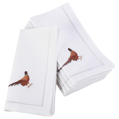 Embroidered Pheasant Design Hemstitched Border Cotton Napkin - Set of 6
