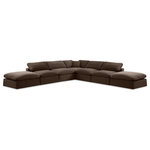 Meridian Furniture - Comfy Upholstered L-Shaped Modular Sectional, Brown, 7-Piece: 4 Armless Chair, 1 Corner Chair, 2 Ottoman, Velvet - Indulge in a relaxing experience with the Comfy Velvet Sectional. The soft durable brown velvet upholstery adds an elegant touch to any living space, while the plush overstuffed cushions create a cozy and inviting atmosphere. This sectional is perfect for spending quality time with family and friends, offering unparalleled comfort that will make you never want to leave. Whether you're watching your favorite sports games or having a movie night, the Comfy Velvet Sectional is the perfect addition to your home.