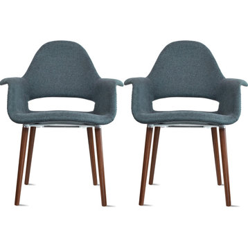 Fabric With Arms Organic Dining Chairs Armchairs Dark Brown Wooden Legs Set of 2, Navy Blue