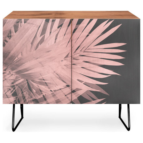 Deny Designs Blush Palm Leaves Credenza, Walnut, Black Steel legs