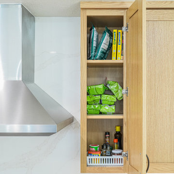 Modern Light Oak Shaker Kitchen with Waterfall Quartz Island P3| The Cabination