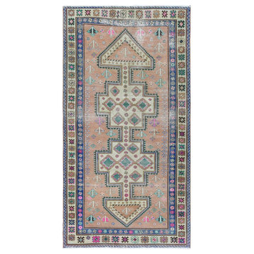 Old Peach Geometric Design Persian Hamadan Handknotted Worn Wool Rug, 4'10"x9'1"
