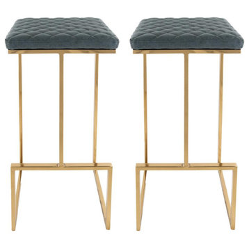 LeisureMod Quincy Leather Bar Stools With Gold Metal Frame Set of 2 Peacock...