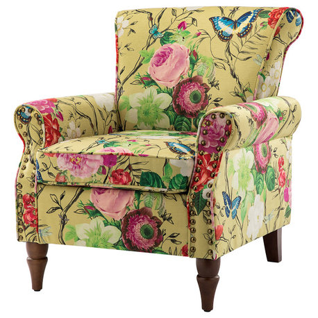 Wooden Upholstered Armchair, Mustard