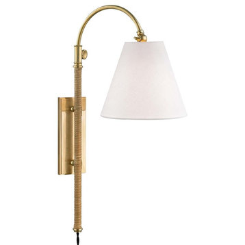 Curves No.1 Adjustable Wall Sconce, Aged Brass, Off White Linen Shade