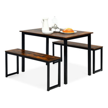 Costway 3pcs Dining Table Set Modern Studio Collection Table and 2 Bench Coffee
