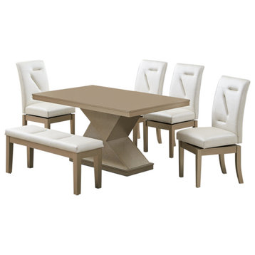 Legault 6 Piece Dining Set, White Vinyl and Gold Wood, Table, 4 Chairs, Bench