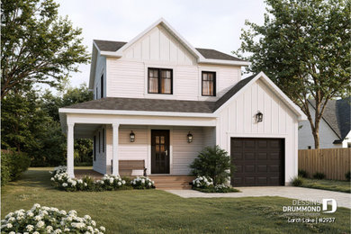 Example of a small farmhouse white two-story wood and board and batten exterior home design in Other with a shingle roof and a brown roof