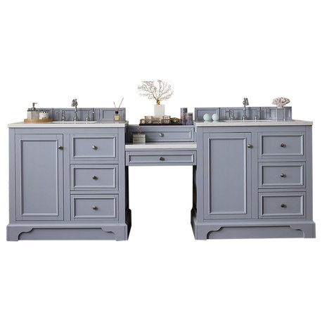De Soto 94" Double Vanity Set, Silver Gray, Makeup Table, Solid Surface Top