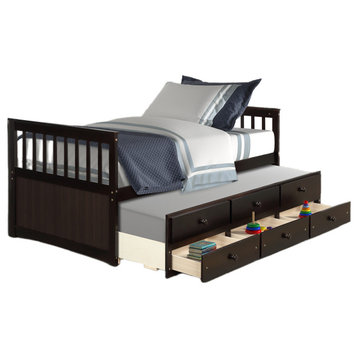 Captain's Bed Twin Daybed with Trundle and Storage Drawers, Espresso