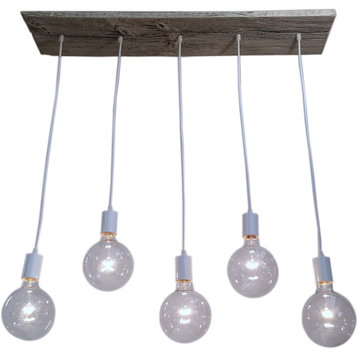 5 Pendant Reclaimed Wood Chandelier, White And Grey, Clear Globe Bulbs