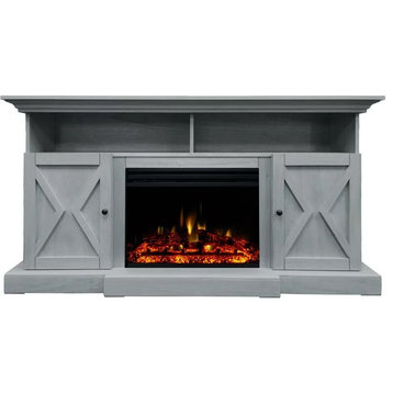 Farmhouse TV Stand, Crown Molded Top With 2 Compartments & Fireplace, Slate Blue