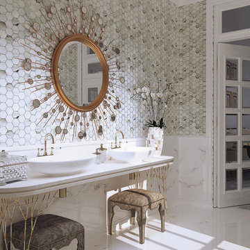 Silver White Glass Hexagon Tile In A Luxurious Bathroom With Sunburst Mirror