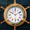 Brass Ship's Wheel Porthole Quartz Clock on Oak With Nautical Numbers