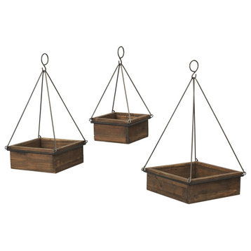 Set of 3, Wood and Metal Hanging Planters