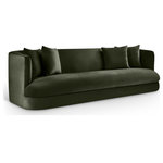 Meridian Furniture - Alder Upholstered Chair, Green, Velvet, Sofa - The Alder green velvet upholstered sofa is an invitation to relax. Its rounded silhouette and soft velvet upholstery create a cozy and inviting space, perfect for lounging or hosting guests. Whether you're unwinding after a long day or spending time with family, this sofa makes a bold and elegant statement in any living room.