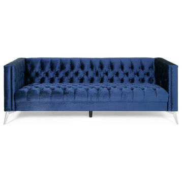 Roxanne Tufted Velvet 3 Seat Sofa, Midnight Blue/Silver
