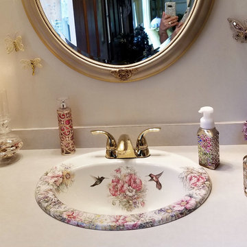 Rococo & Hummingbirds Painted Sink in White & Gold Bathroom
