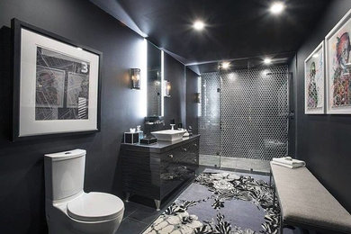 Inspiration for a modern bathroom in Toronto with black cabinets, a double shower, black tile, porcelain tile, black walls, a vessel sink and quartzite benchtops.