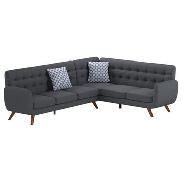 Mid Century Modern Sectional Sofa, Tufted Backrest and Tuxedo Arms, Ash Grey