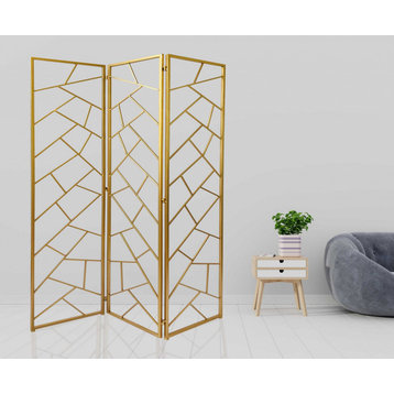HomeRoots 3 Panel Gold Room Divider With Geometric Motif