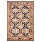 Bareens Designer Rugs - Antique Tribal Kargahi Davida Beige/Blue Wool Rug - 5'6'' x 9'2'' - Create a new dimension of style in your home with this breath-taking semi-antique hand knotted Kargahi rug featuring incredible luxurious texture and appearance. Featuring vibrant awe-inspiring color pallet with an intricate geometrical design inspired by Uzbek and Kazak style, these one-of-a-kind rugs are a unique piece of world art that will enhance your living space. Made by skilled Uzbek Afghan master weavers in hand-spun wool and all vegetable dyes, Kargahi rugs blend in traditional to modern decor seamlessly.