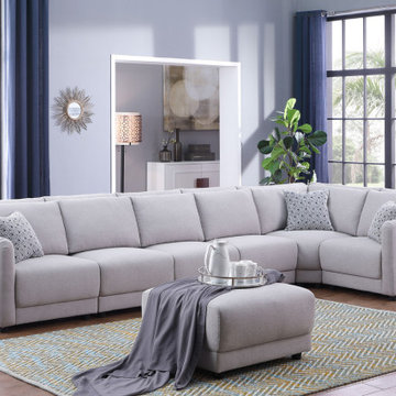 Penelope 145.5" Light Gray Linen Reversible 7Pc Modular Sectional Sofa with Otto