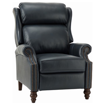 Modern Genuine Leather Manual Recliner With Solid Wood Legs, Navy