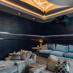 Trendy enclosed home theater photo in Other with black walls