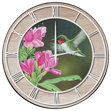 Wall Clock With Wood Accent, Opening Day Hummingbird, White Numbers 24"x24"