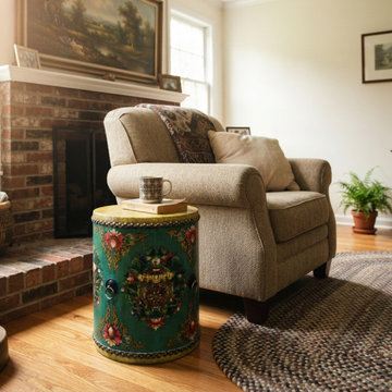 Teal Turquoise Green Tibetan Drum Style Lotus Jewel Graphic Table Stool GB725