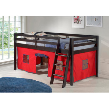 Roxy Twin Wood Junior Loft Bed, Espresso, Blue and Red Bottom Tent, Bed Color: Espresso, Tent: Red/Blue