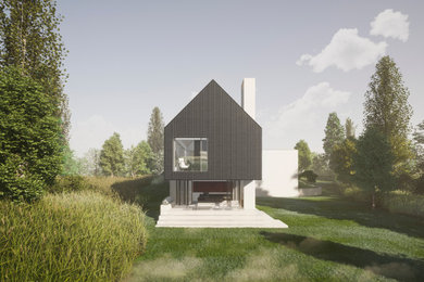 Mid-sized minimalist multicolored two-story wood exterior home photo in Other