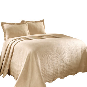 Geometric Fret Scalloped Cotton Bedspread Set, King, Ivory