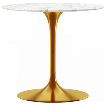 32" White And Gold Marble And Metal Dining Table