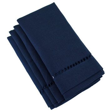Stylish Solid Color Hemstitched Border Napkin, 18"x18" - Set of 4, Navy Blue