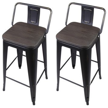 Black Low Back Metal Barstools With Wooden Seat, Set of 2