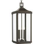 Progress Lighting - Gibbes Street 3-Light Hanging Lantern - Elongated frames capture the romantic charm of vintage gas lanterns. Inspired by a stroll down a Charlestonian street bearing the same name, the Gibbes Street outdoor lantern collection features clear beveled glass and an Antique Bronze finish. Wall, post and hanging lanterns complete the family.