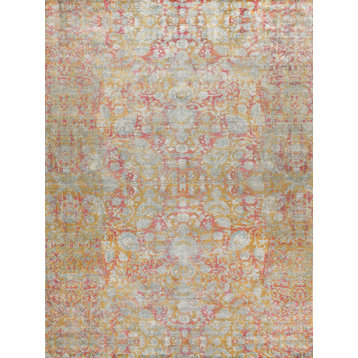 Antolini Hand Loomed Bamboo Silk and Cotton Green/Rust Area Rug, 10'x14'