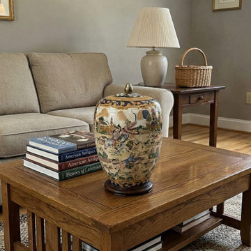 Vintage Style Beige Blue Hunting Scene Graphic Porcelain Art Jar GB871