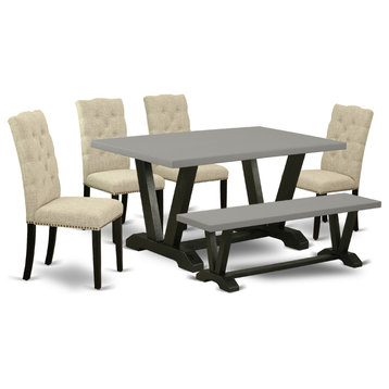 6-Piece Dining Set, Chairs, Bench and Top Table With Hardwood Legs-and Black