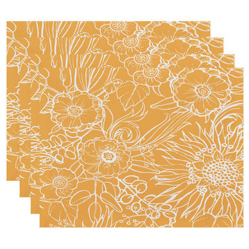 18"x14" Zentangle 4, Floral Print Placemats, Set of 4, Gold