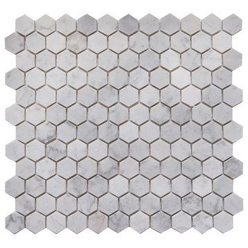 11.5"x11"Carrara White Marble Mosaic Tile, Hexagon, Honed, Set of 5