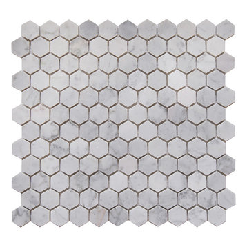 11.5"x11"Carrara White Marble Mosaic Tile, Hexagon, Honed, Set of 5