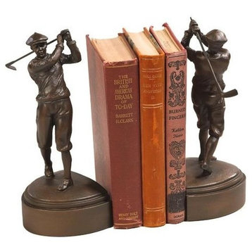 Bookends Bookend GOLF Lodge Swinging Golfer Chocolate Brown Resin