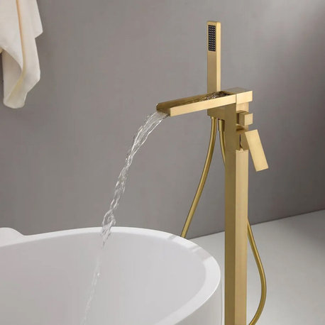 Modern Waterfall Freestanding Bathroom Bathtub Faucet Floor Mount Tub Filler, Brushed Gold