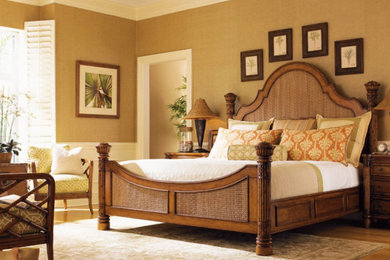 Bedroom - large master light wood floor bedroom idea in Other with brown walls